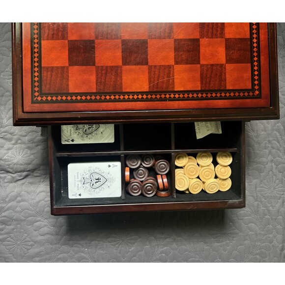 The BOMBAY Company Deluxe Game Checkers Backgammon Chess Wooden Box Set 16x16x7 - Picture 4 of 11